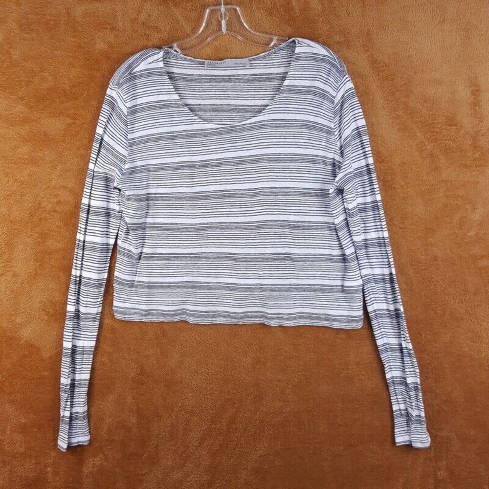 ALL SAINTS Womens Top Medium White Black Stripe Pullover Boxy Stretch SADE